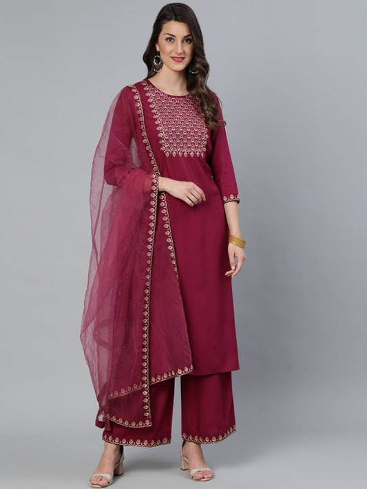 Women Burgundy Embroidered Straight Kurta Plazzo & Organza Dupatta | LASVINI - Redefining Indian Fashion with Elegance