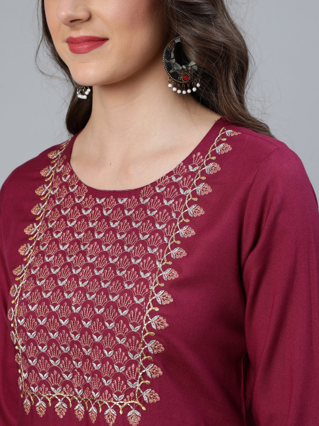 Women Burgundy Embroidered Straight Kurta Plazzo & Organza Dupatta | LASVINI - Redefining Indian Fashion with Elegance