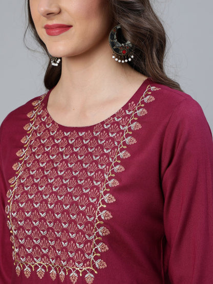 Women Burgundy Embroidered Straight Kurta Plazzo & Organza Dupatta | LASVINI - Redefining Indian Fashion with Elegance