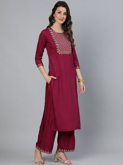 Women Burgundy Embroidered Straight Kurta Plazzo & Organza Dupatta | LASVINI - Redefining Indian Fashion with Elegance