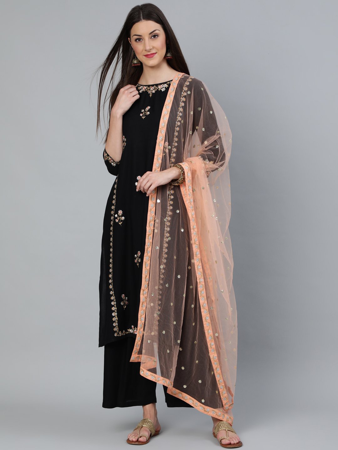 Women Black & Peach Embroidered Straight Kurta Plazzo & Organza Dupatta | LASVINI - Redefining Indian Fashion with Elegance