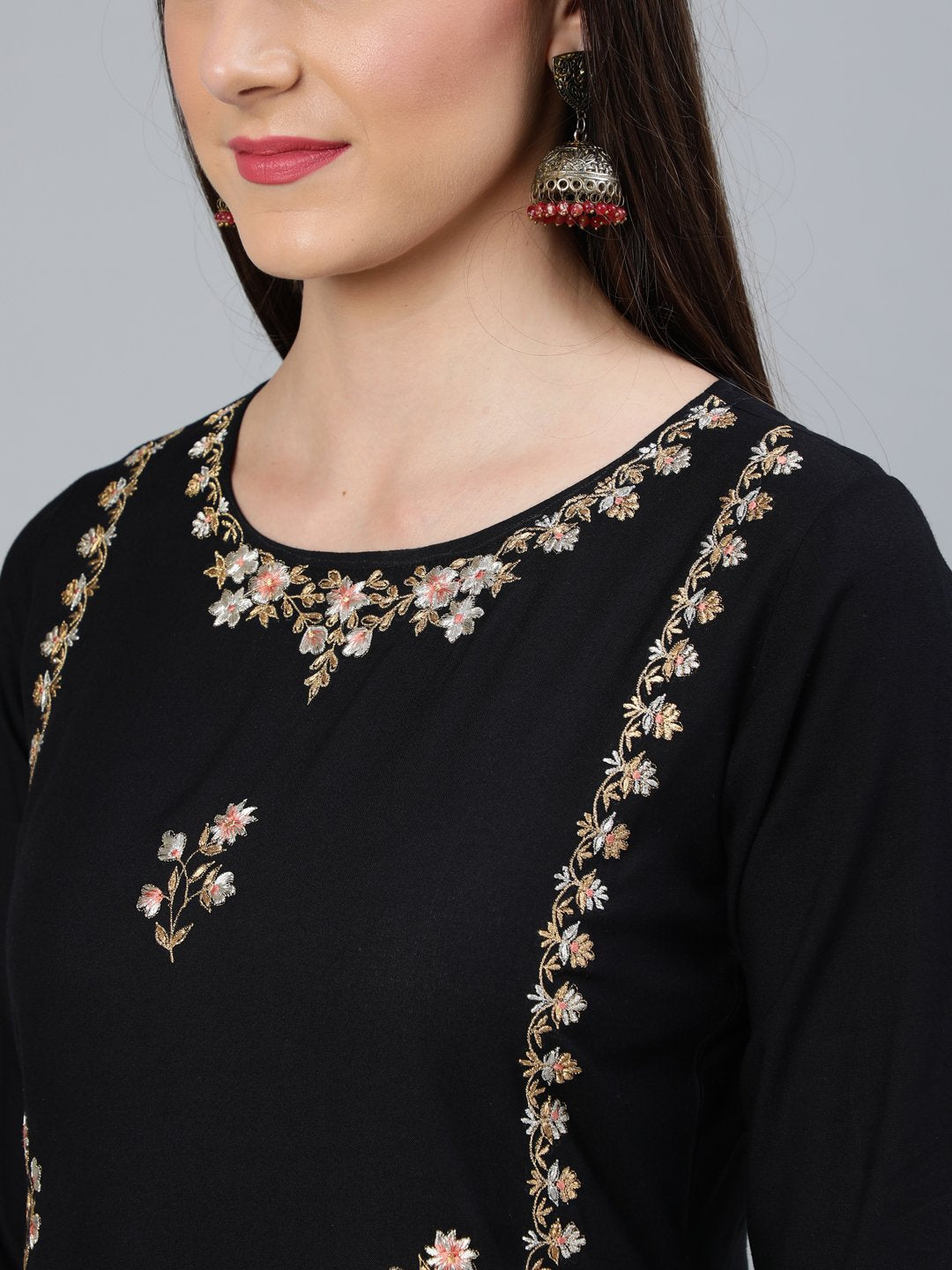 Women Black & Peach Embroidered Straight Kurta Plazzo & Organza Dupatta | LASVINI - Redefining Indian Fashion with Elegance