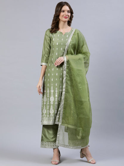 Women Olive Green Foil Printed Straight Kurta Plazzo & Organza Dupatta | LASVINI - Redefining Indian Fashion with Elegance