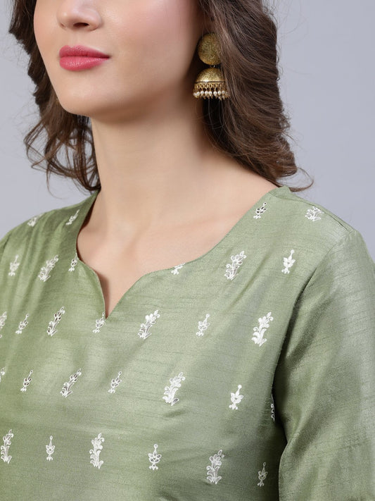 Women Olive Green Foil Printed Straight Kurta Plazzo & Organza Dupatta | LASVINI - Redefining Indian Fashion with Elegance