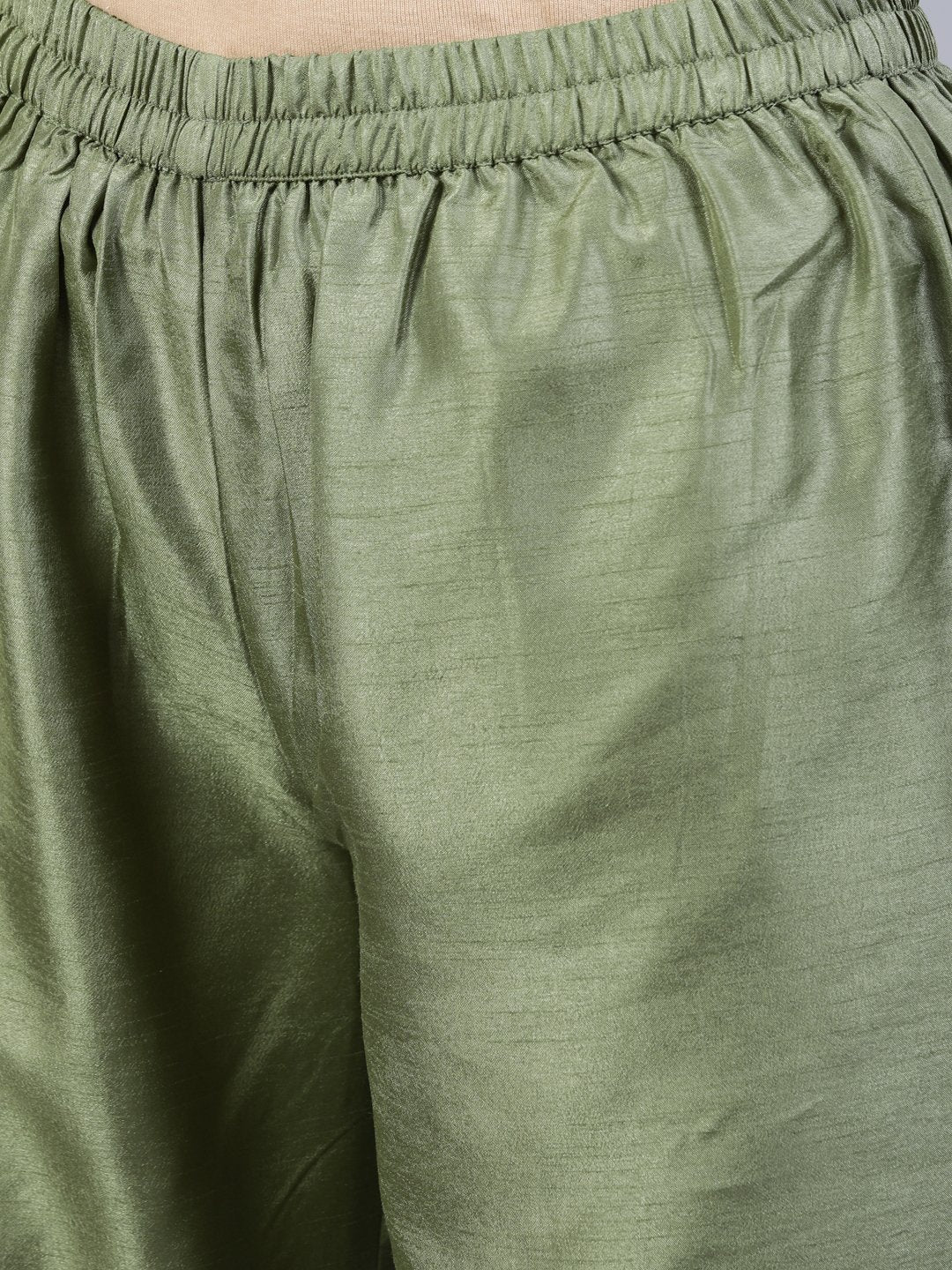 Women Olive Green Foil Printed Straight Kurta Plazzo & Organza Dupatta | LASVINI - Redefining Indian Fashion with Elegance