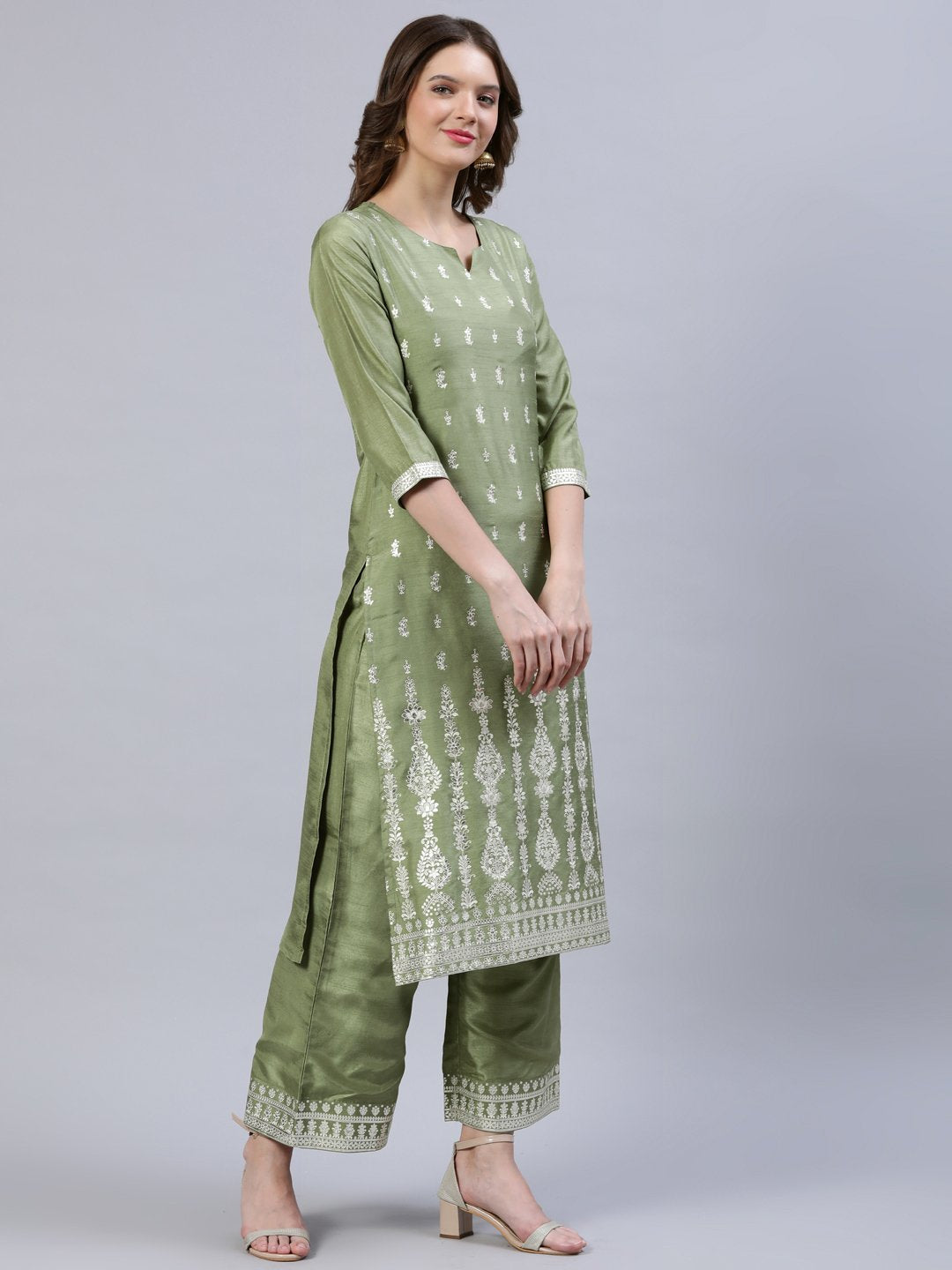 Women Olive Green Foil Printed Straight Kurta Plazzo & Organza Dupatta | LASVINI - Redefining Indian Fashion with Elegance