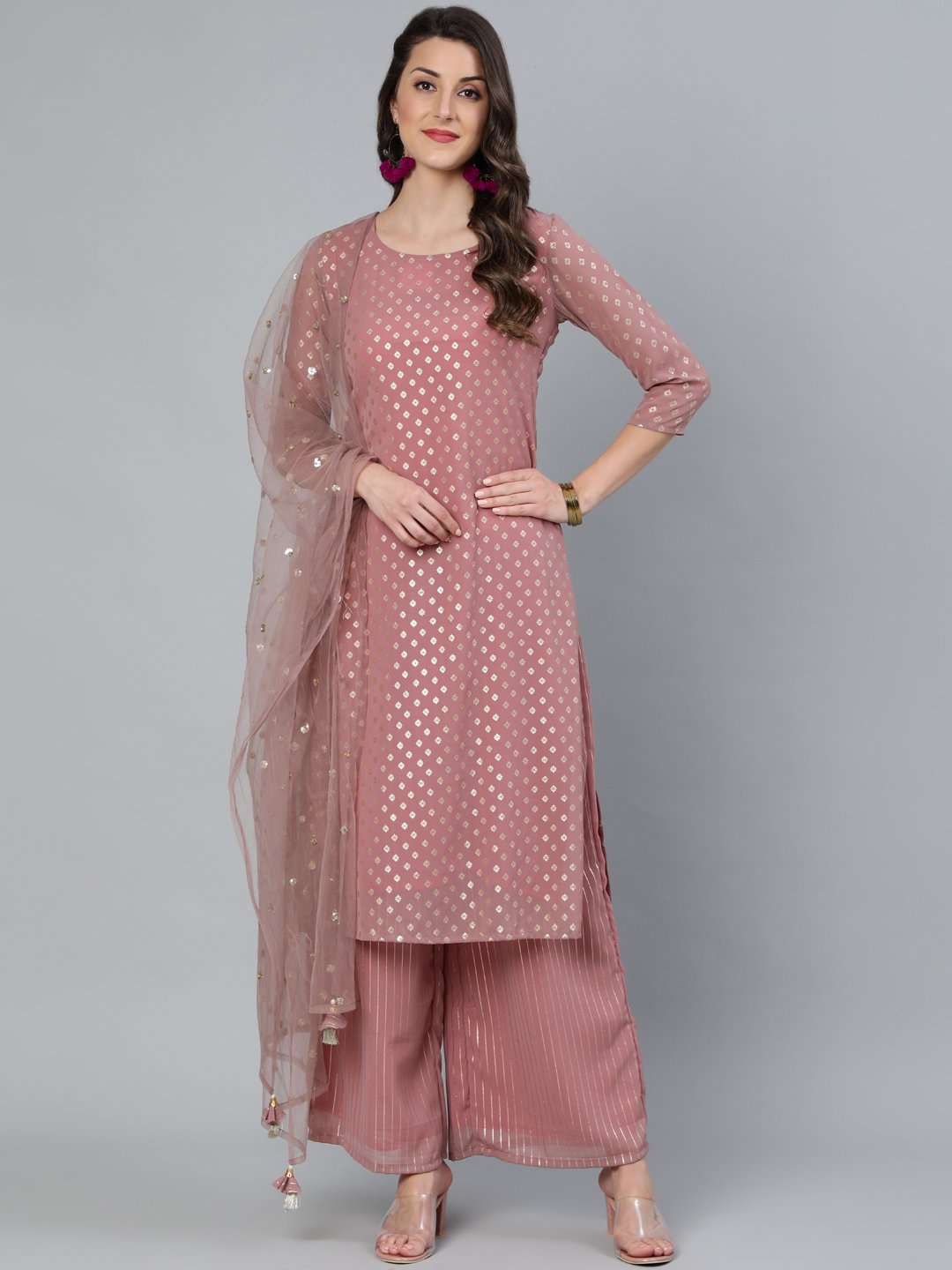 Women Mauve Foil Printed Straight Kurta Plazzo & Sequence Net Dupatta | LASVINI - Redefining Indian Fashion with Elegance
