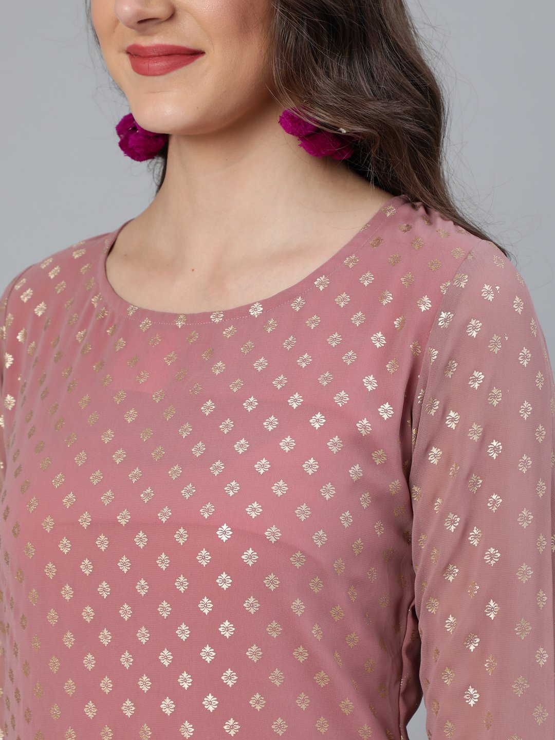 Women Mauve Foil Printed Straight Kurta Plazzo & Sequence Net Dupatta | LASVINI - Redefining Indian Fashion with Elegance