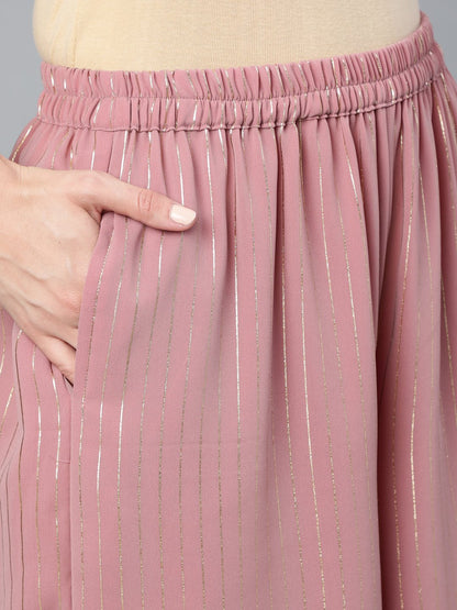 Women Mauve Foil Printed Straight Kurta Plazzo & Sequence Net Dupatta | LASVINI - Redefining Indian Fashion with Elegance