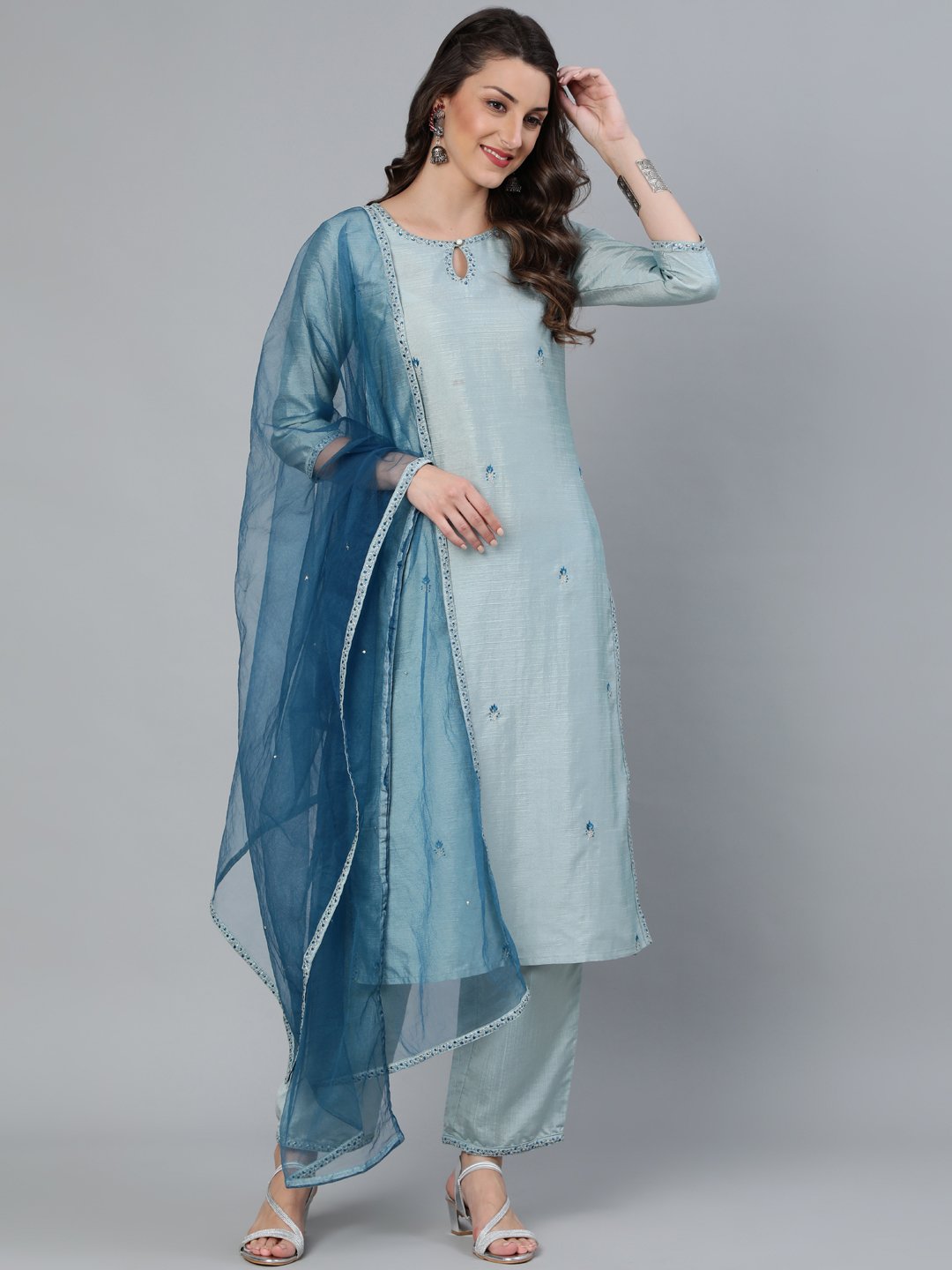 Women Pastel Blue Embroideres Straight Kurta Plazzo & Net Dupatta | LASVINI - Redefining Indian Fashion with Elegance