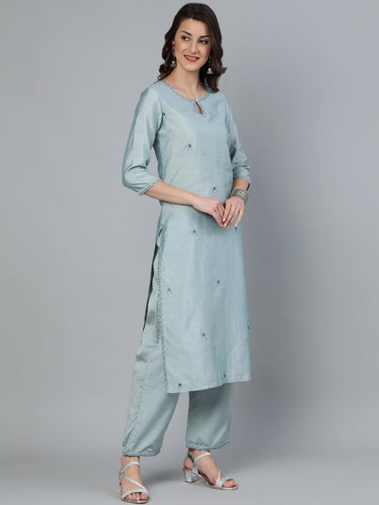 Women Pastel Blue Embroideres Straight Kurta Plazzo & Net Dupatta | LASVINI - Redefining Indian Fashion with Elegance