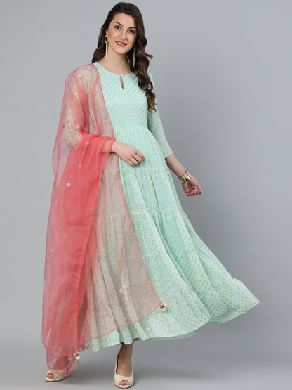 Women Pastel Green Foil Printed Tired Dress With Pink Embroidered Dupatta | LASVINI - Redefining Indian Fashion with Elegance