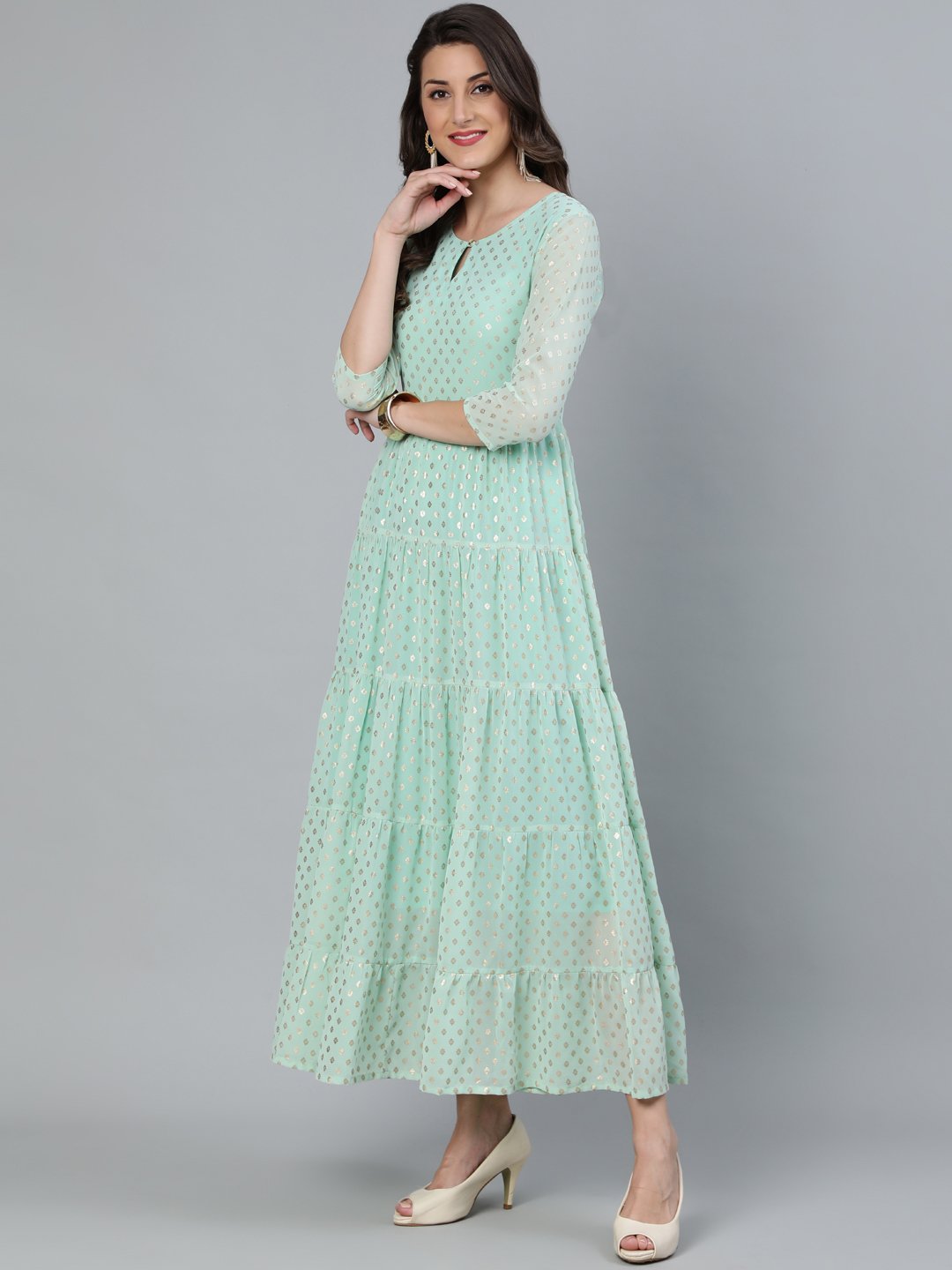 Women Pastel Green Foil Printed Tired Dress With Pink Embroidered Dupatta | LASVINI - Redefining Indian Fashion with Elegance