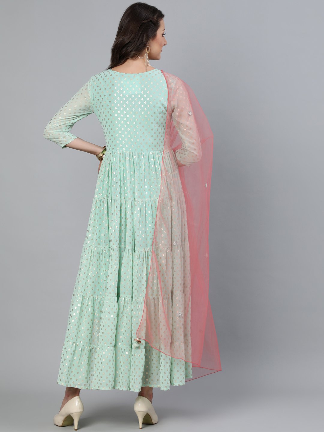 Women Pastel Green Foil Printed Tired Dress With Pink Embroidered Dupatta | LASVINI - Redefining Indian Fashion with Elegance