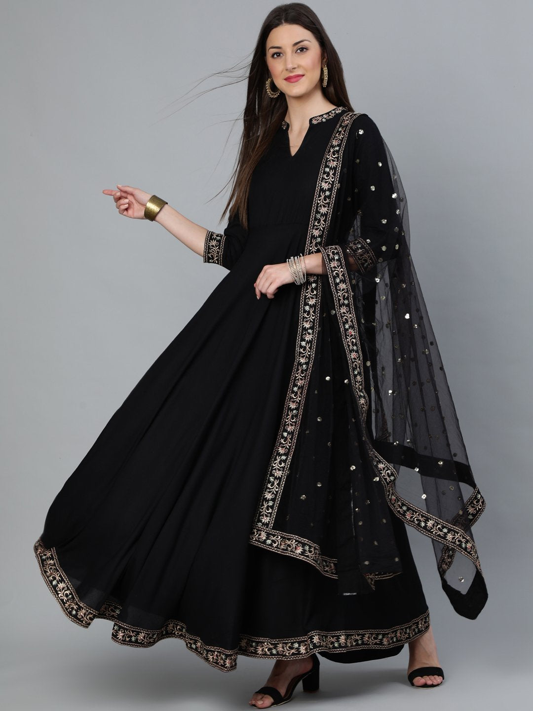 Women Black Flared Embroidered Dress With Sequinned Dupatta | LASVINI - Redefining Indian Fashion with Elegance