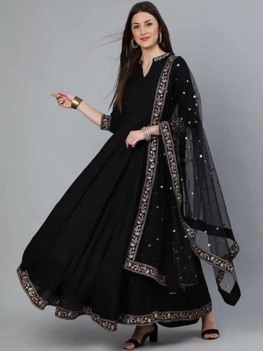 Women Black Flared Embroidered Dress With Sequinned Dupatta | LASVINI - Redefining Indian Fashion with Elegance