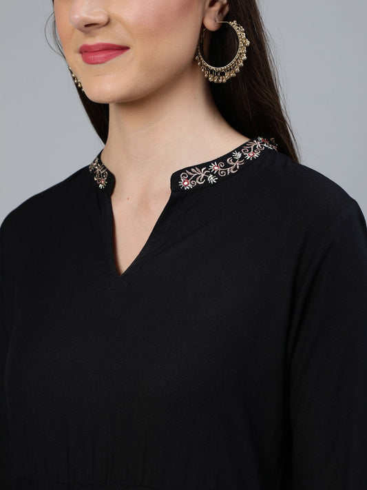 Women Black Flared Embroidered Dress With Sequinned Dupatta | LASVINI - Redefining Indian Fashion with Elegance