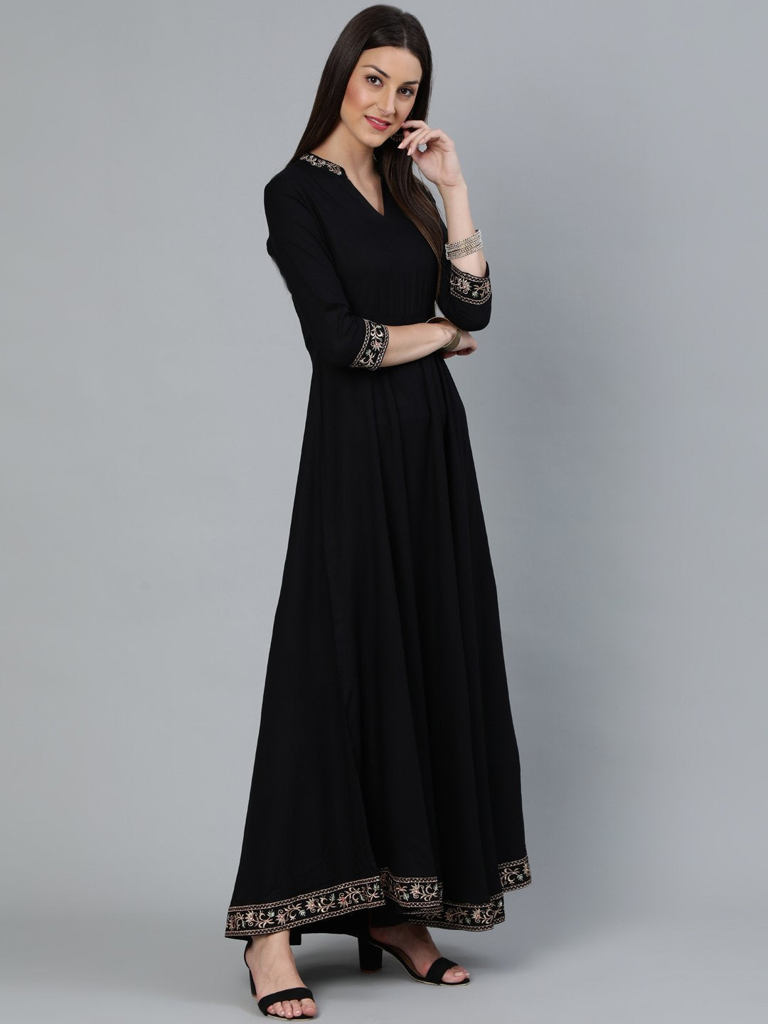 Women Black Flared Embroidered Dress With Sequinned Dupatta | LASVINI - Redefining Indian Fashion with Elegance