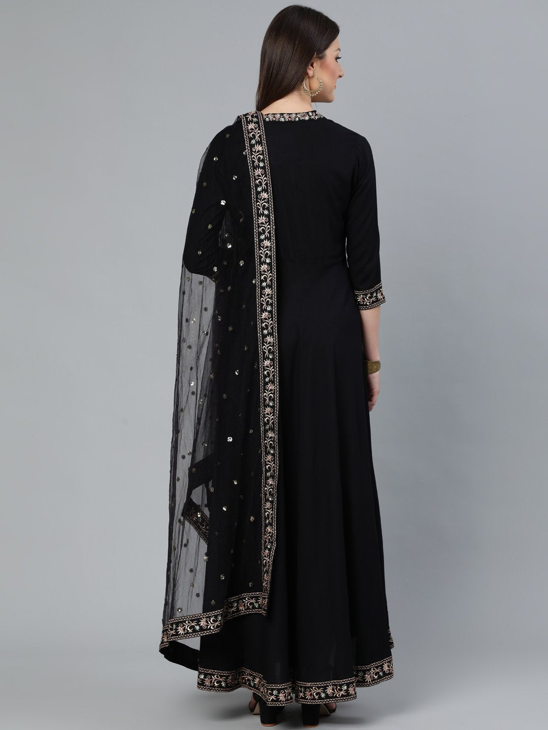 Women Black Flared Embroidered Dress With Sequinned Dupatta | LASVINI - Redefining Indian Fashion with Elegance
