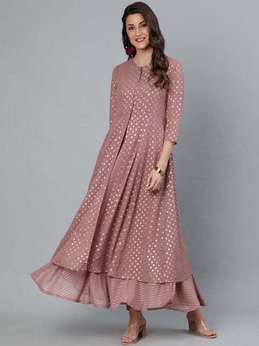 Women Mauve Foil Printed Dress With Three Quater Sleeves Jacket | LASVINI - Redefining Indian Fashion with Elegance