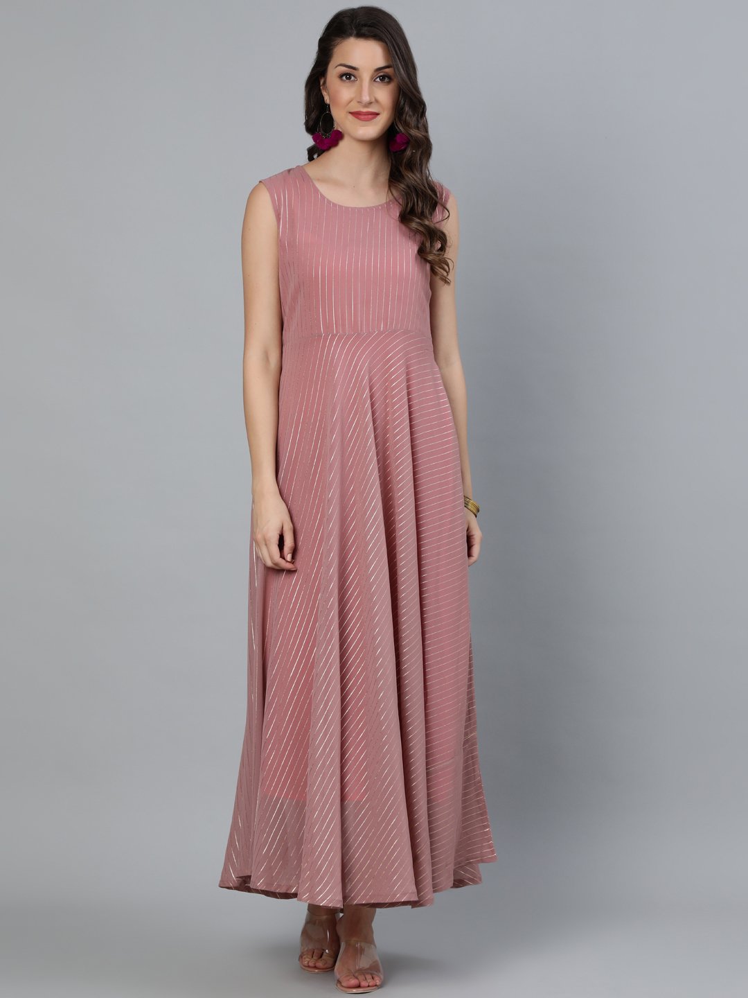 Women Mauve Foil Printed Dress With Three Quater Sleeves Jacket | LASVINI - Redefining Indian Fashion with Elegance