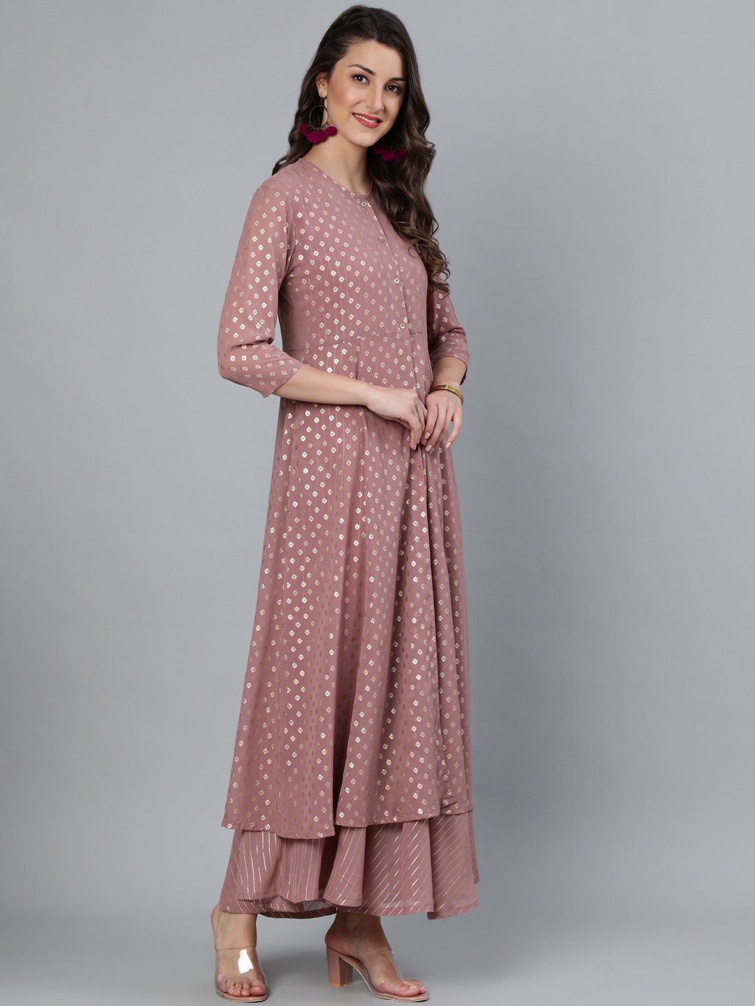 Women Mauve Foil Printed Dress With Three Quater Sleeves Jacket | LASVINI - Redefining Indian Fashion with Elegance
