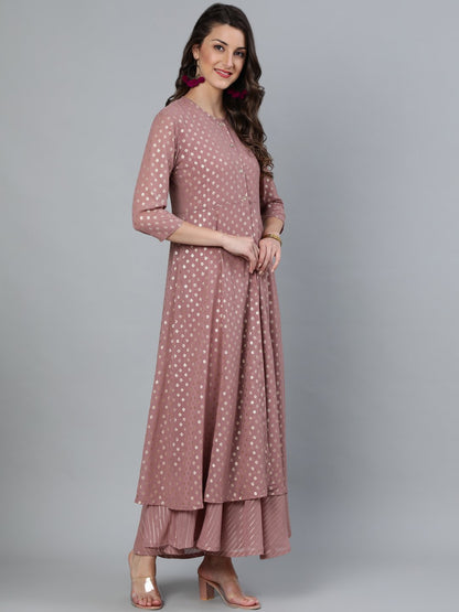 Women Mauve Foil Printed Dress With Three Quater Sleeves Jacket | LASVINI - Redefining Indian Fashion with Elegance