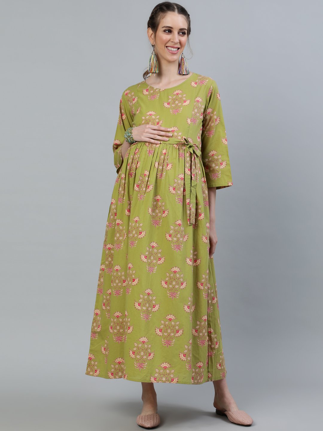 Women Green Printed Maternity Dress With Three Quarter Sleeves | LASVINI - Redefining Indian Fashion with Elegance