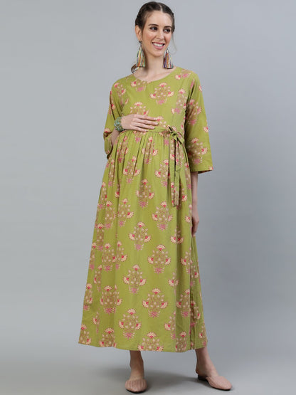 Women Green Printed Maternity Dress With Three Quarter Sleeves | LASVINI - Redefining Indian Fashion with Elegance