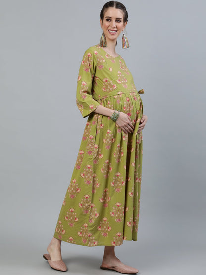 Women Green Printed Maternity Dress With Three Quarter Sleeves | LASVINI - Redefining Indian Fashion with Elegance