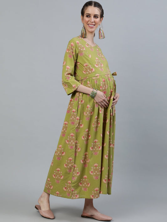 Women Green Printed Maternity Dress With Three Quarter Sleeves | LASVINI - Redefining Indian Fashion with Elegance