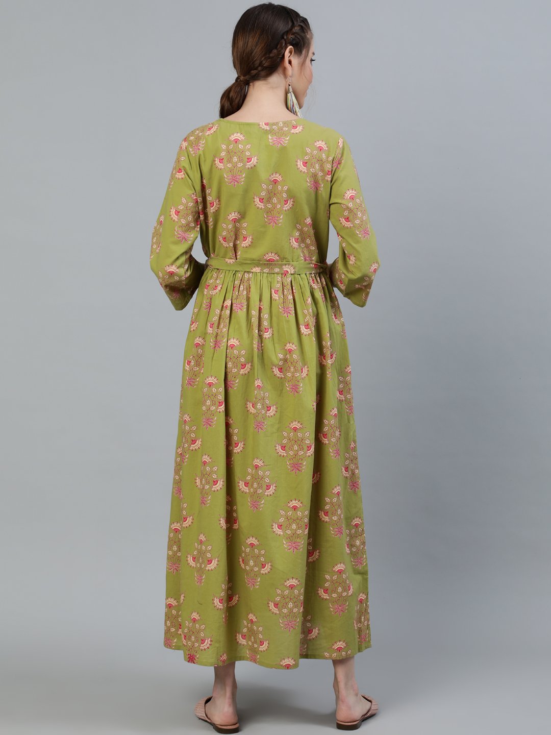 Women Green Printed Maternity Dress With Three Quarter Sleeves | LASVINI - Redefining Indian Fashion with Elegance