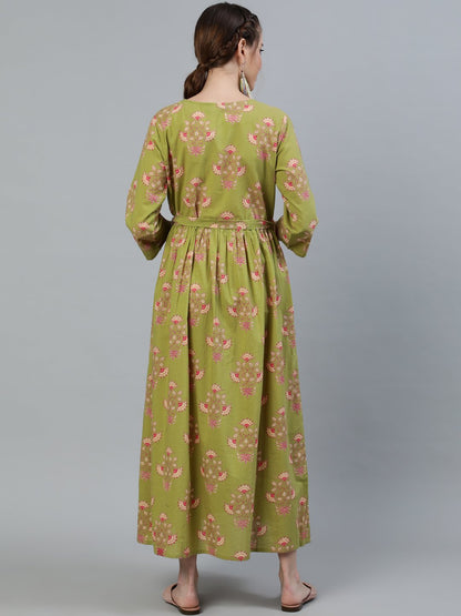 Women Green Printed Maternity Dress With Three Quarter Sleeves | LASVINI - Redefining Indian Fashion with Elegance