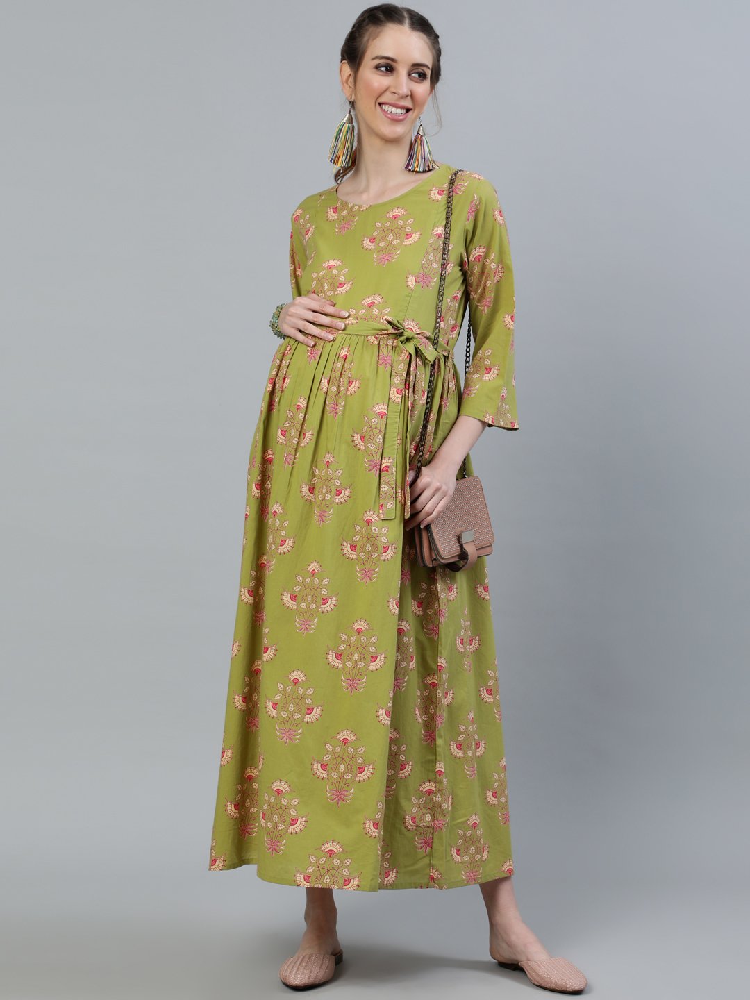 Women Green Printed Maternity Dress With Three Quarter Sleeves | LASVINI - Redefining Indian Fashion with Elegance