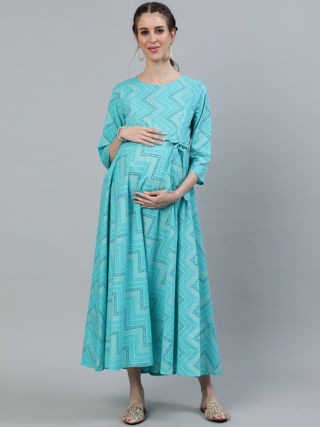 Women Blue Printed Maternity Dress With Three Quarter Sleeves | LASVINI - Redefining Indian Fashion with Elegance