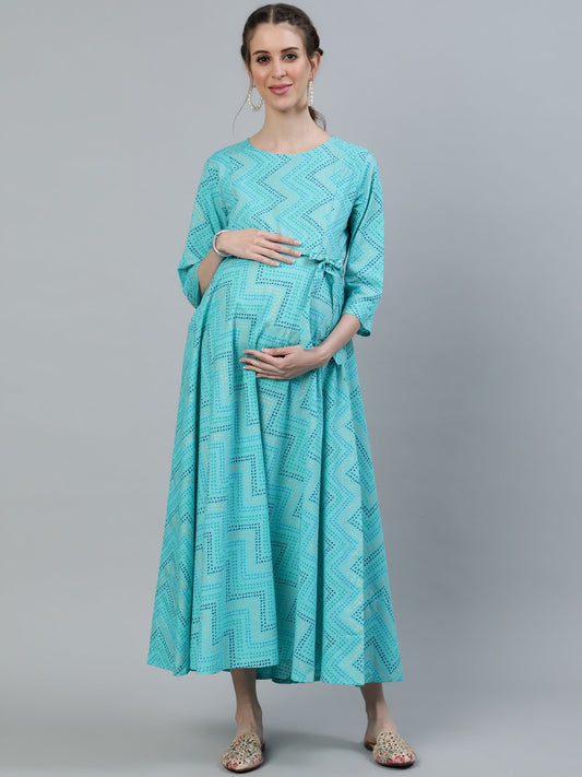 Women Blue Printed Maternity Dress With Three Quarter Sleeves | LASVINI - Redefining Indian Fashion with Elegance