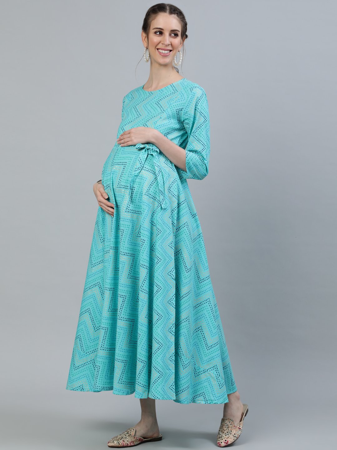 Women Blue Printed Maternity Dress With Three Quarter Sleeves | LASVINI - Redefining Indian Fashion with Elegance
