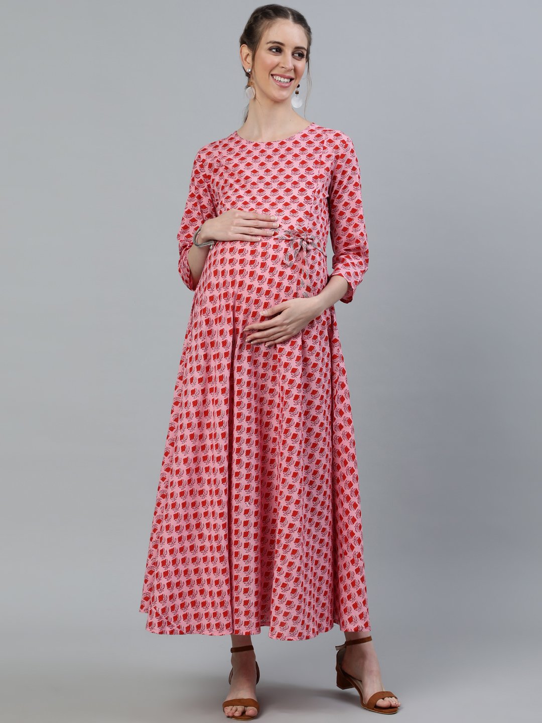 Women Pink Printed Maternity Dress With Three Quarter Sleeves | LASVINI - Redefining Indian Fashion with Elegance