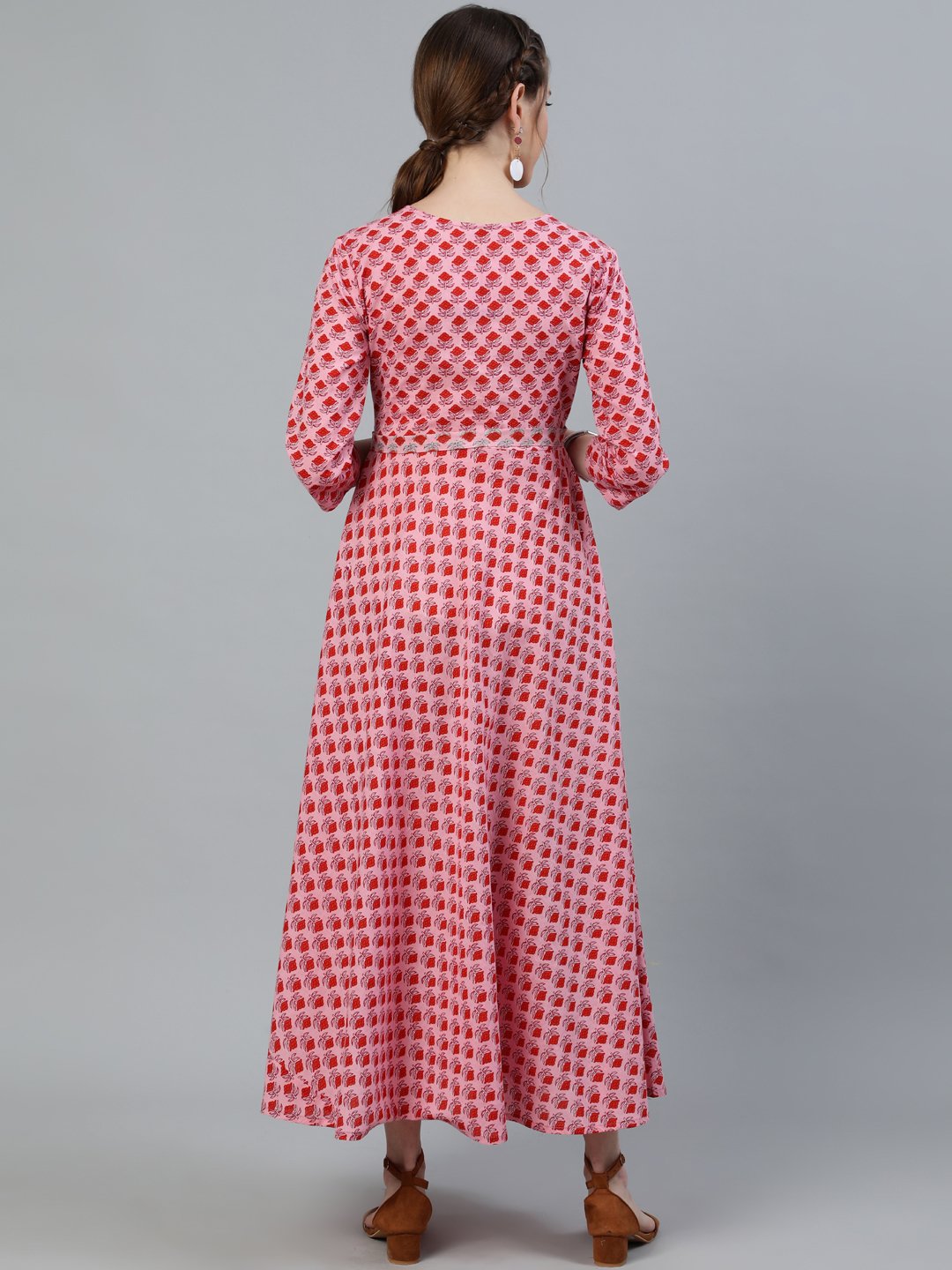 Women Pink Printed Maternity Dress With Three Quarter Sleeves | LASVINI - Redefining Indian Fashion with Elegance