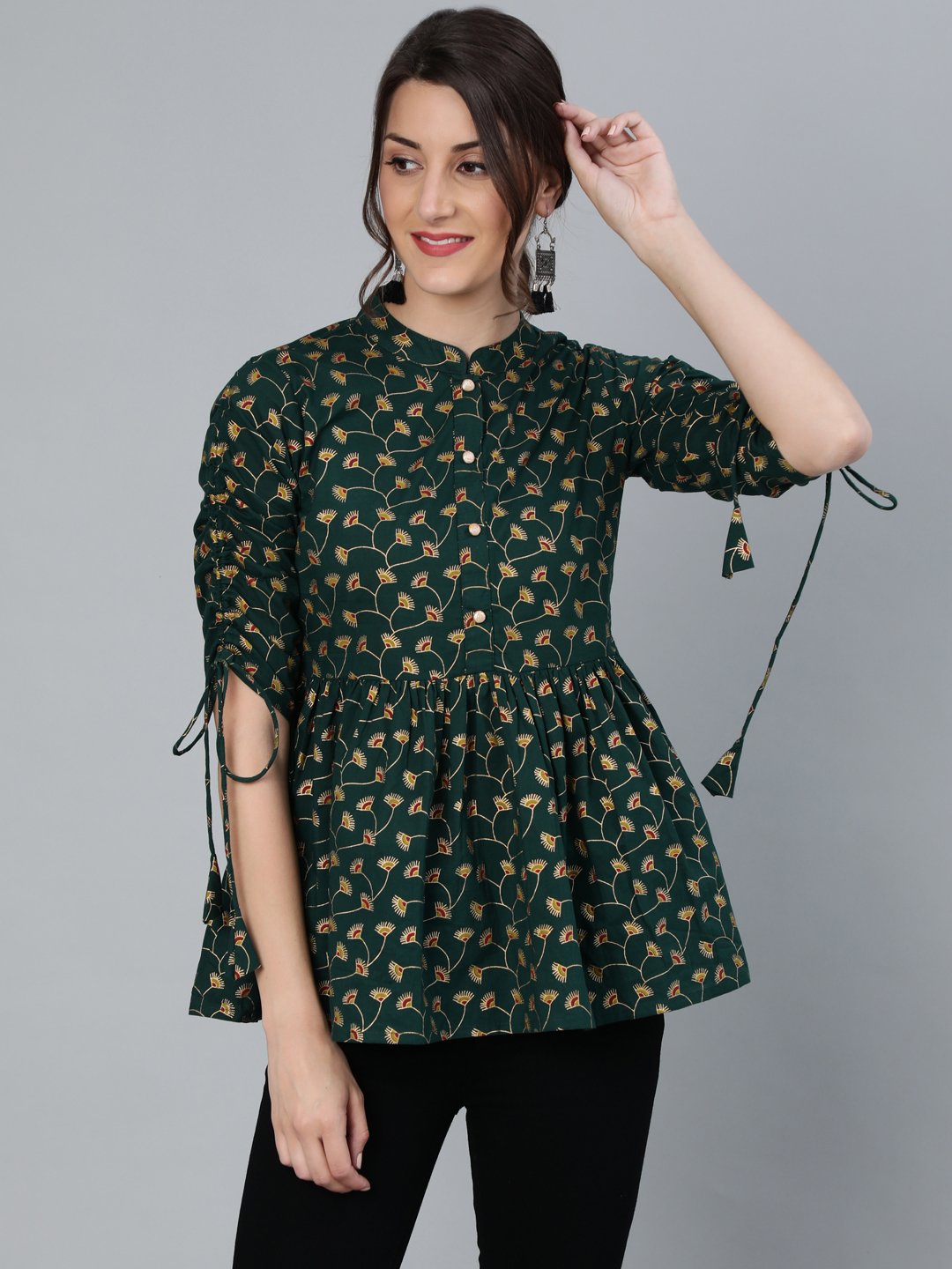 Women Green Floral Printed Top With Mandarin Collar & Three Quarter Sleeves | LASVINI - Redefining Indian Fashion with Elegance