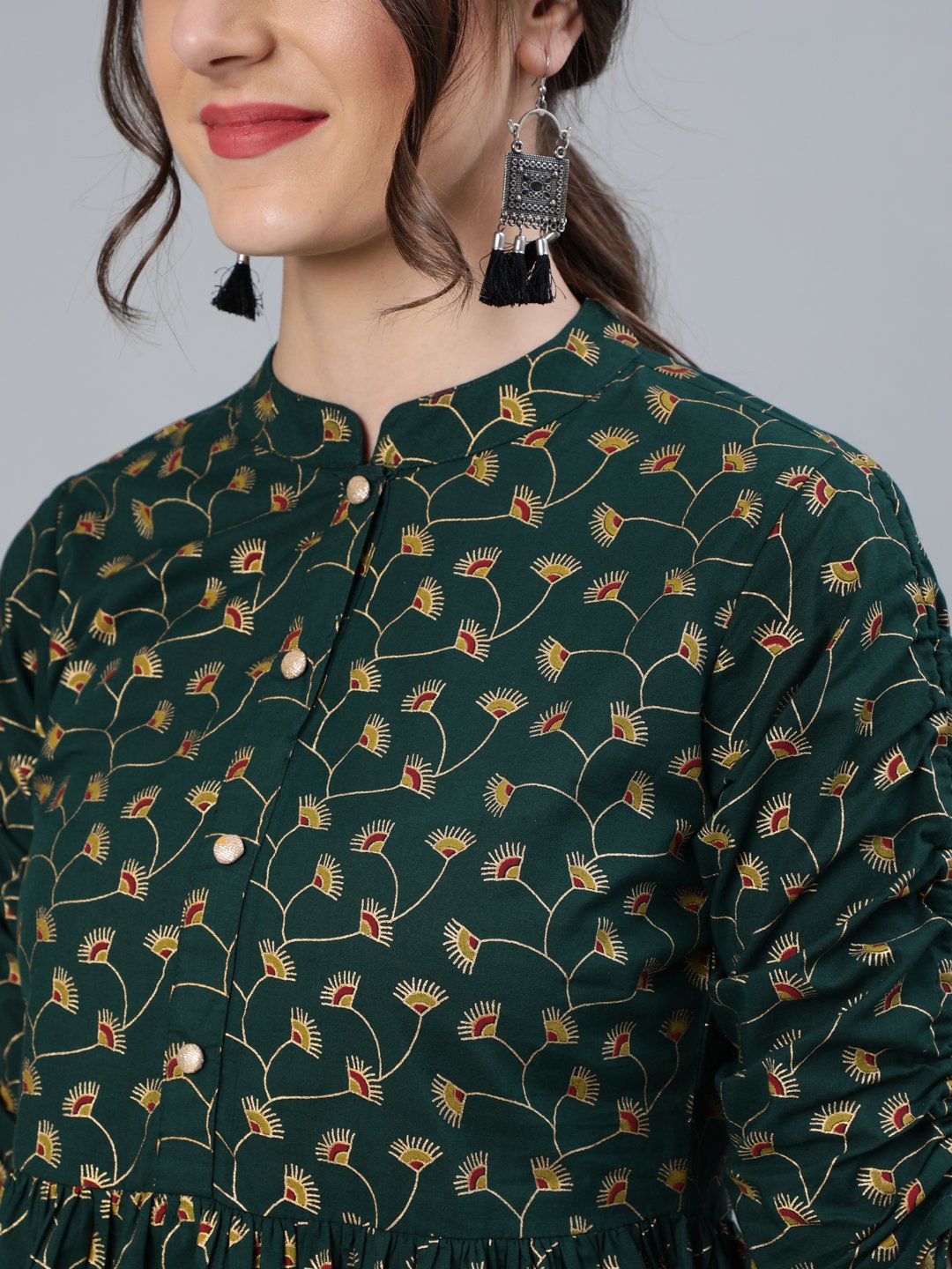 Women Green Floral Printed Top With Mandarin Collar & Three Quarter Sleeves | LASVINI - Redefining Indian Fashion with Elegance