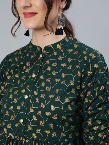 Women Green Floral Printed Top With Mandarin Collar & Three Quarter Sleeves | LASVINI - Redefining Indian Fashion with Elegance