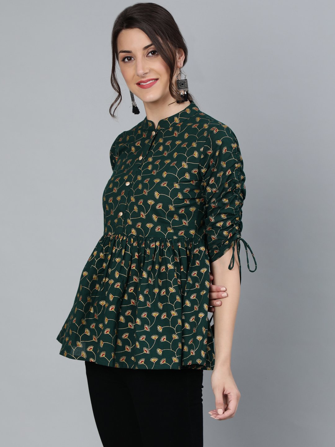Women Green Floral Printed Top With Mandarin Collar & Three Quarter Sleeves | LASVINI - Redefining Indian Fashion with Elegance