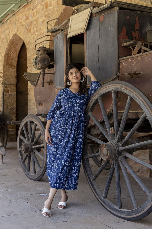 Women Indigo Blue Printed Dress With Three Quarter Sleeves | LASVINI - Redefining Indian Fashion with Elegance