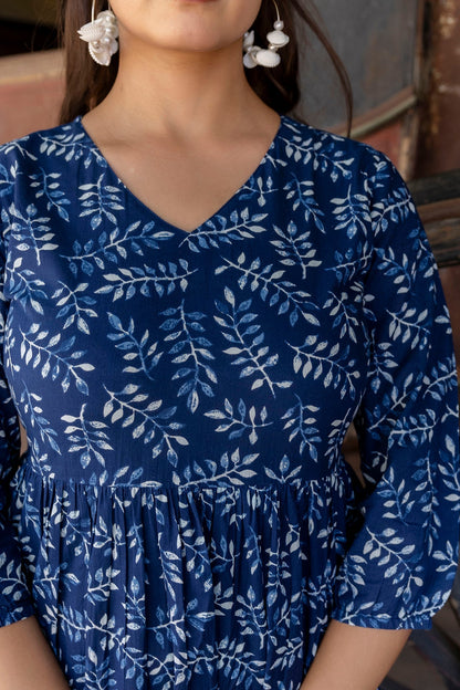 Women Indigo Blue Printed Dress With Three Quarter Sleeves | LASVINI - Redefining Indian Fashion with Elegance