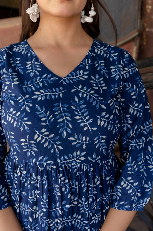 Women Indigo Blue Printed Dress With Three Quarter Sleeves | LASVINI - Redefining Indian Fashion with Elegance
