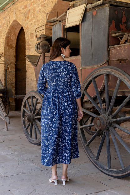Women Indigo Blue Printed Dress With Three Quarter Sleeves | LASVINI - Redefining Indian Fashion with Elegance