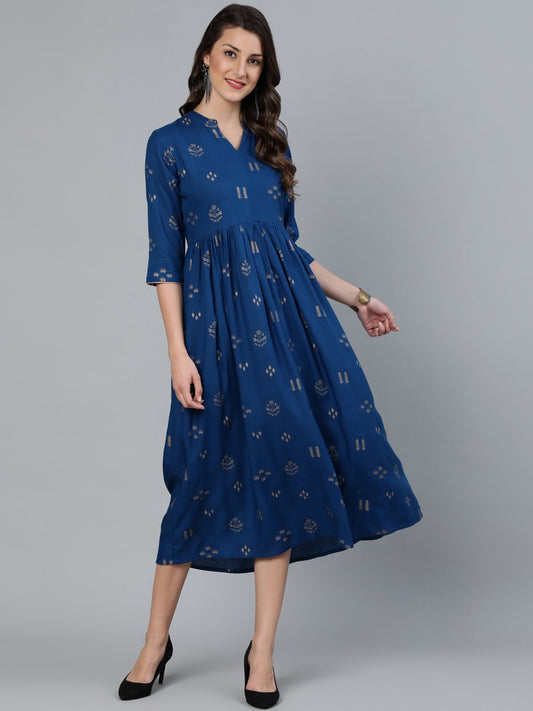 Women Teal Blue & Gold Printed Dress With Three Quarter Sleeves | LASVINI - Redefining Indian Fashion with Elegance