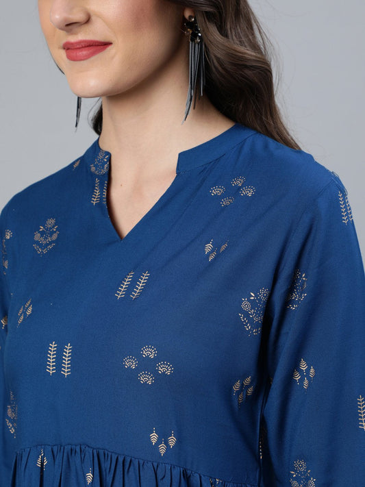 Women Teal Blue & Gold Printed Dress With Three Quarter Sleeves | LASVINI - Redefining Indian Fashion with Elegance