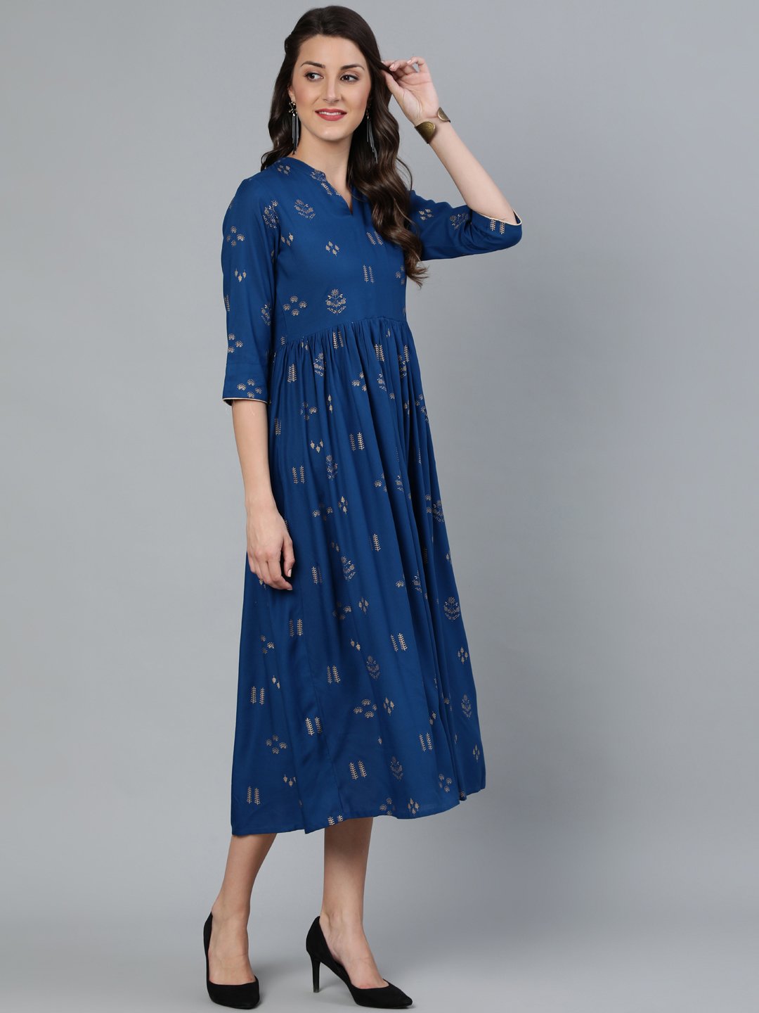 Women Teal Blue & Gold Printed Dress With Three Quarter Sleeves | LASVINI - Redefining Indian Fashion with Elegance